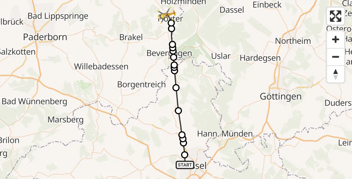 Flugroute Rettungshubschrauber Kassel - Höxter, 23 April 2026, 11:26