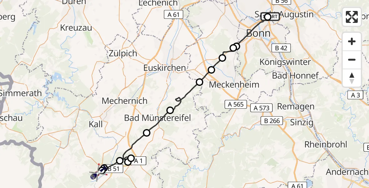 Flugroute Polizeihubschrauber Sankt Augustin - Dahlem, 23 April 2026, 11:34