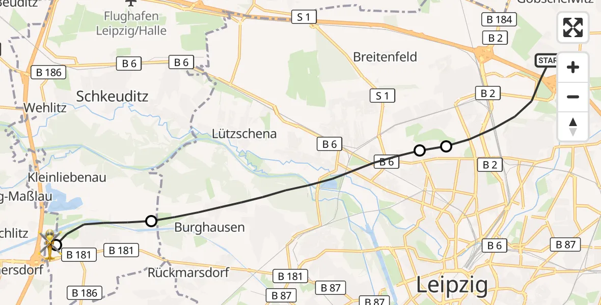 Flugroute Rettungshubschrauber Leipzig - ADAC Air Rescue Station Leipzig/Schkeuditz-Dölzig Hubschrauberlandeplatz (Christoph 61), 23 April 2026, 11:35