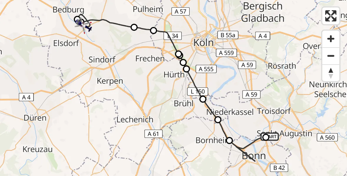 Flugroute Polizeihubschrauber Sankt Augustin - Bergheim, 23 April 2026, 11:35