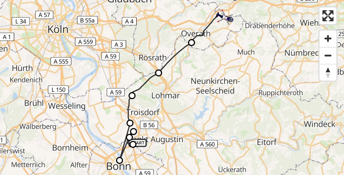 Flugroute Polizeihubschrauber Sankt Augustin - Engelskirchen, 23 April 2026, 11:36