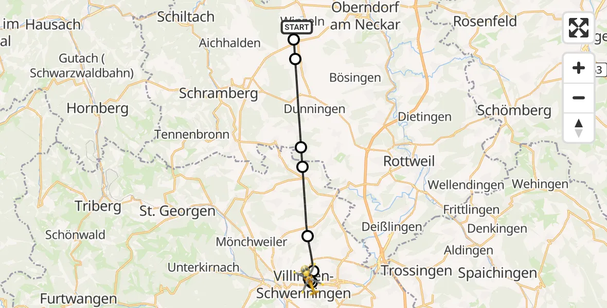 Flugroute Rettungshubschrauber Fluorn-Winzeln - DRF Air Rescue Station Villingen-Schwenningen Hubschrauberlandeplatz (Christoph 11), 23 April 2026, 11:37