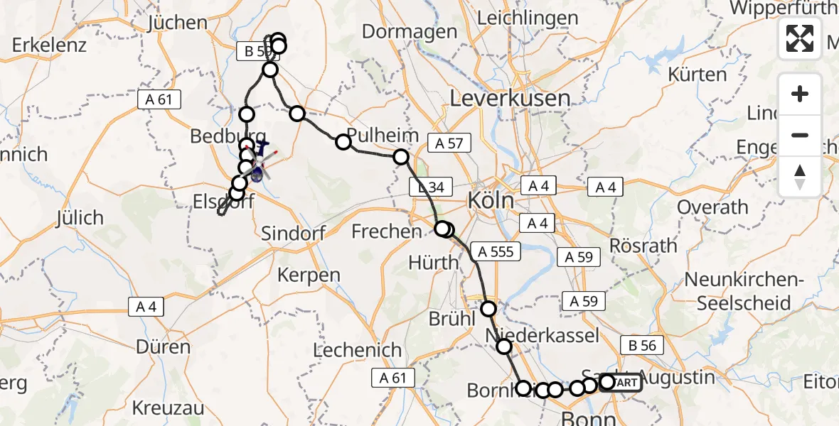 Flugroute Polizeihubschrauber Sankt Augustin - Bergheim, 23 April 2026, 11:38