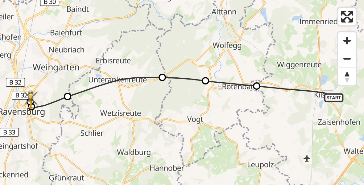 Flugroute Rettungshubschrauber Kißlegg - Sankt Elisabeth Hospital, 23 April 2026, 11:42