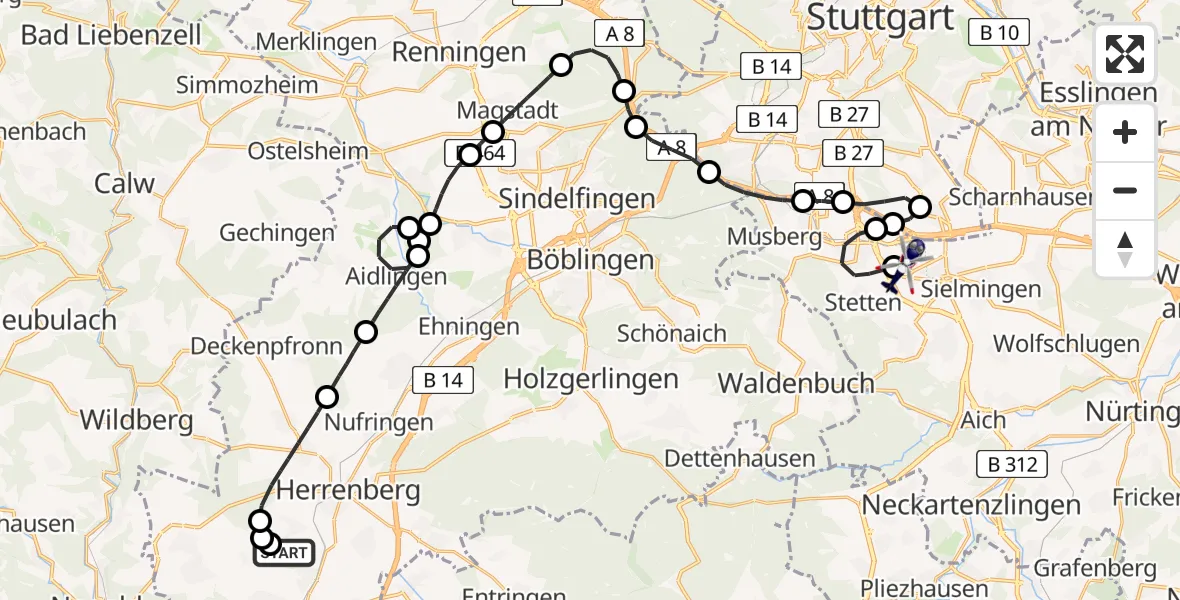 Flugroute Polizeihubschrauber Gäufelden - Flughafen Stuttgart, 23 April 2026, 11:44