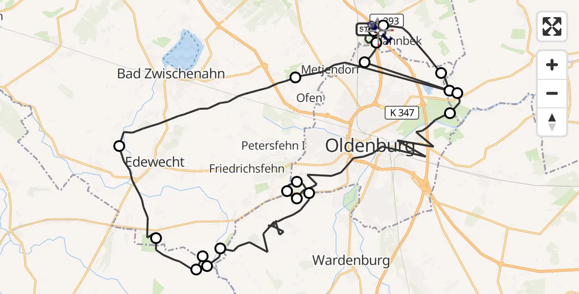 Flugroute Polizeihubschrauber Oldenburg Police Hubschrauberlandeplatz - Rastede, 23 April 2026, 11:49