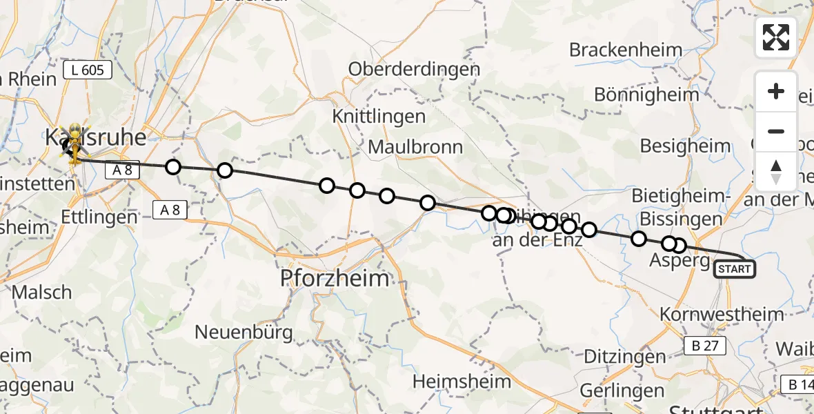 Flugroute Rettungshubschrauber Ludwigsburg - Sankt Vincentius Hospital, 23 April 2026, 11:53
