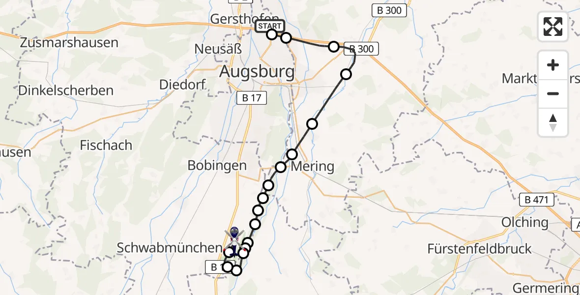 Flugroute Polizeihubschrauber Augsburg Flughafen - Lechfeld Militärflugplatz, 23 April 2026, 12:03