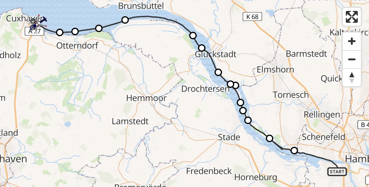 Flugroute Polizeihubschrauber Hamburg - Cuxhaven, 23 April 2026, 12:11