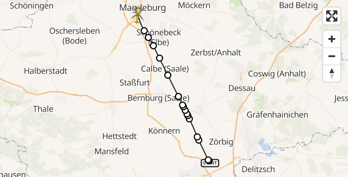 Flugroute Ambulanzhubschrauber Halle-Oppin Flugplatz - Magdeburg, 23 April 2026, 12:15