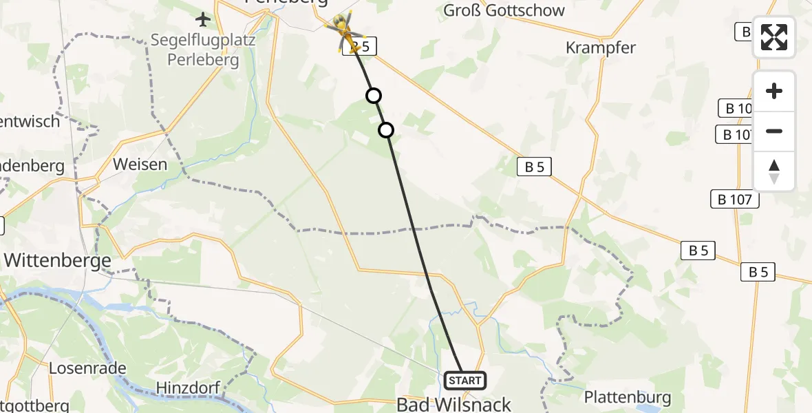 Flugroute Rettungshubschrauber Bad Wilsnack - Perleberg, 23 April 2026, 12:15