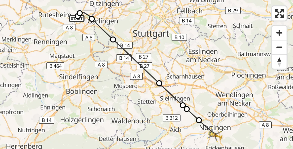 Flugroute Rettungshubschrauber Leonberg Hospital - Nürtingen, 23 April 2026, 12:15