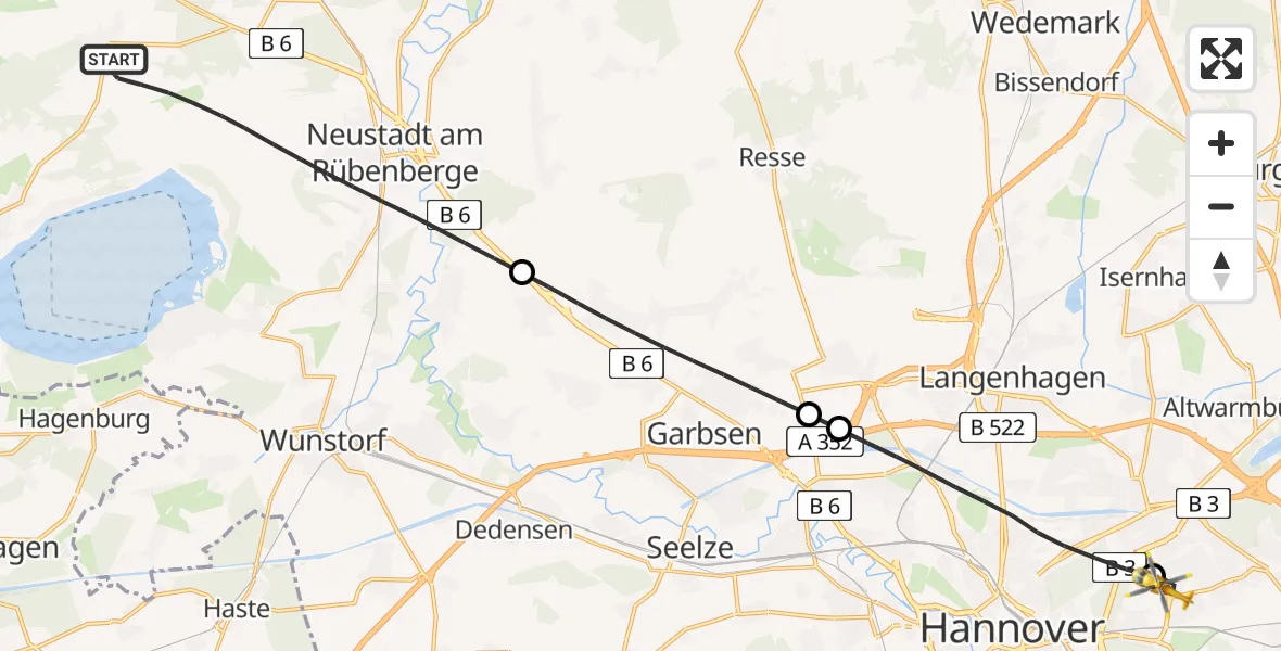Flugroute Rettungshubschrauber Neustadt am Rübenberge - Hannover Luftrettung Hubschrauberlandeplatz (Christoph 4), 23 April 2026, 12:21