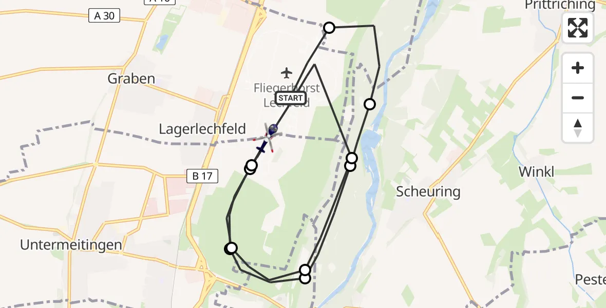 Flugroute Polizeihubschrauber Lechfeld Militärflugplatz - Lechfeld Militärflugplatz, 23 April 2026, 12:24