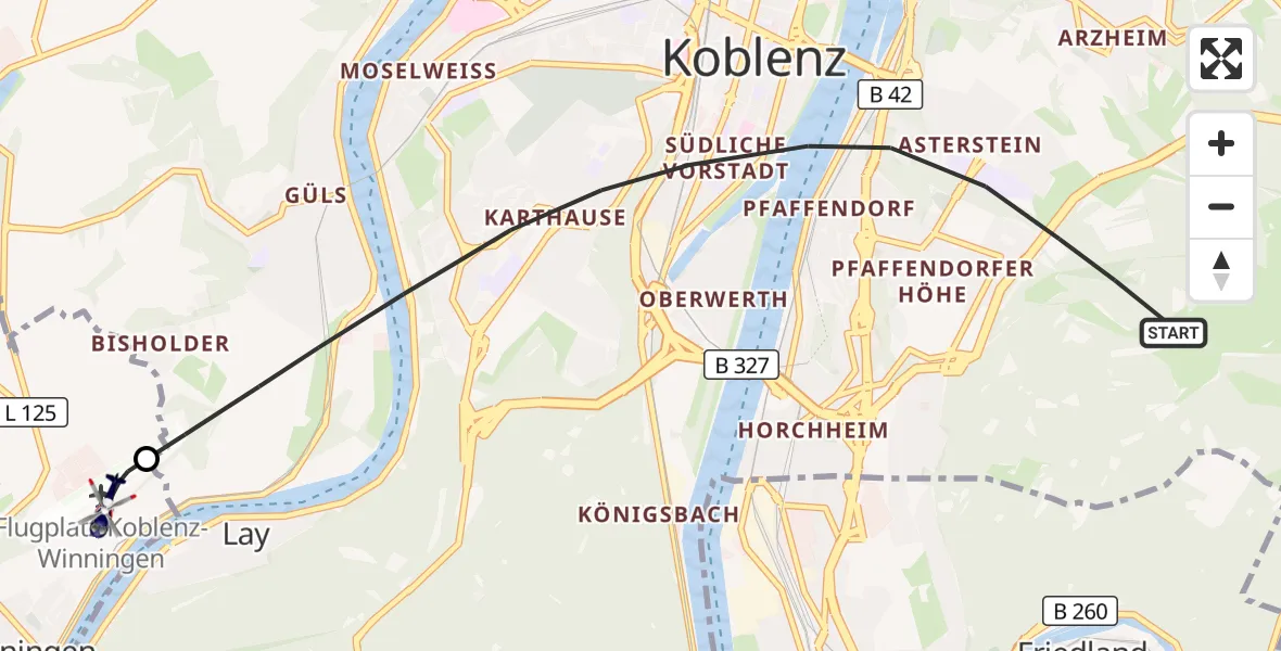 Flugroute Polizeihubschrauber Koblenz - Koblenz-Winningen Flugplatz, 23 April 2026, 12:25
