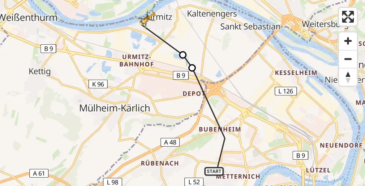Flugroute Rettungshubschrauber Koblenz - Urmitz, 23 April 2026, 12:26