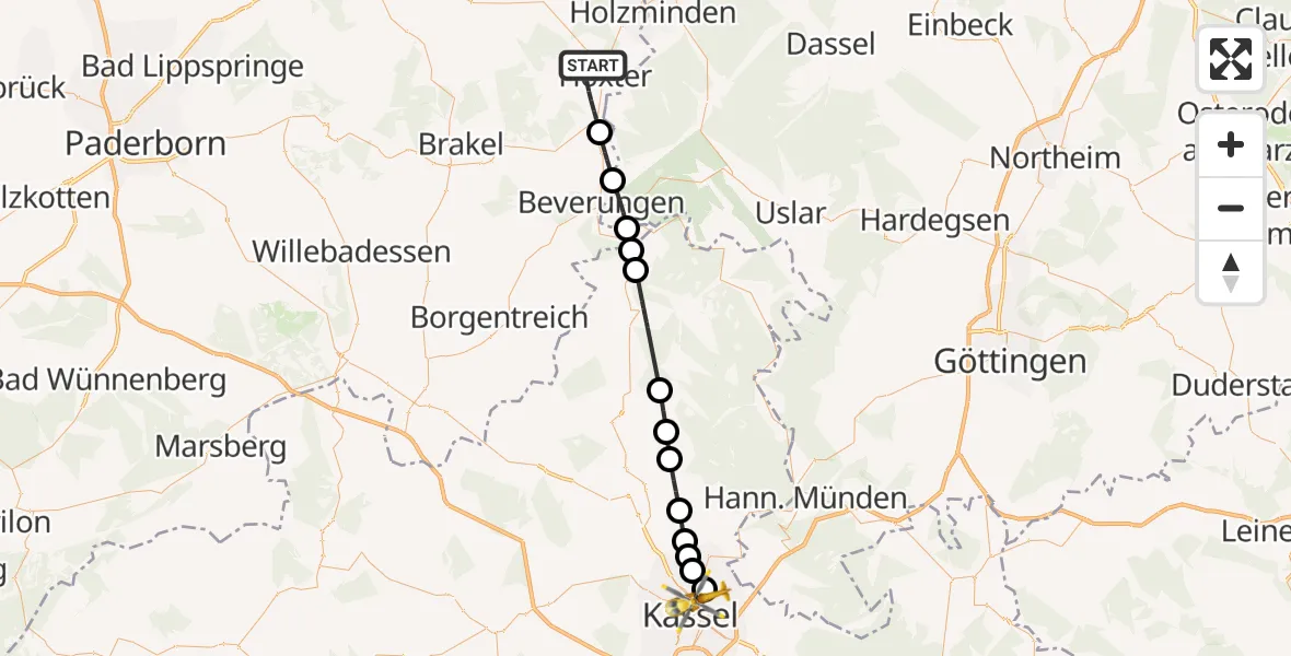Flugroute Rettungshubschrauber Höxter - Kassel, 23 April 2026, 12:27