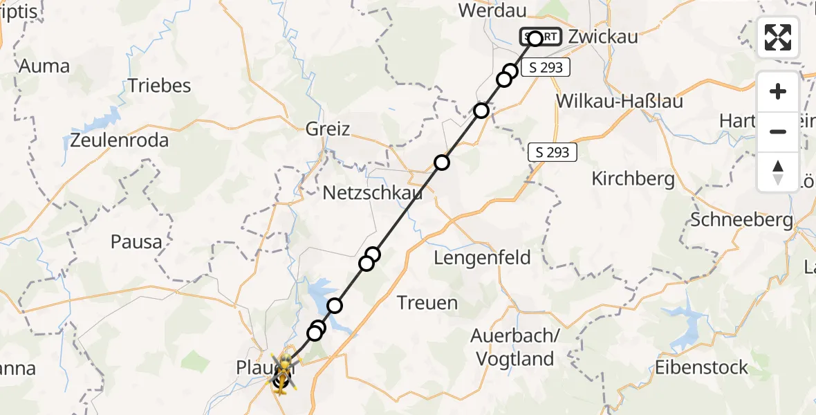 Flugroute Rettungshubschrauber ADAC Air Rescue Station Zwickau Hubschrauberlandeplatz - Helios Clinic Plauen, 23 April 2026, 12:31