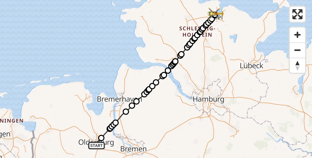 Flugroute Ambulanzhubschrauber Oldenburg (Oldb) - Kiel, 23 April 2026, 12:32