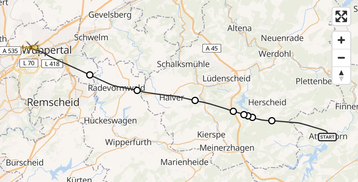 Flugroute Ambulanzhubschrauber Attendorn - Wuppertal, 23 April 2026, 12:33