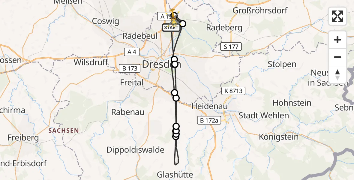 Flugroute Rettungshubschrauber Dresden - Dresden Bundespolizei Hubschrauberlandeplatz, 23 April 2026, 12:37