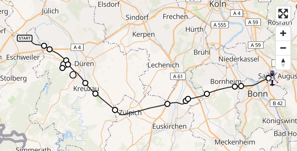 Flugroute Polizeihubschrauber Eschweiler - Sankt Augustin, 23 April 2026, 12:39