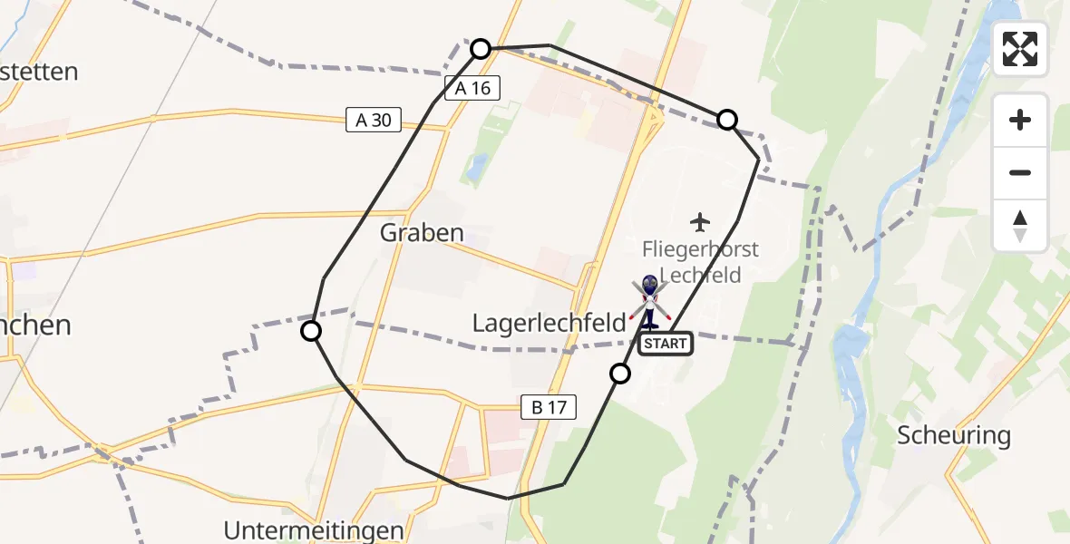 Flugroute Polizeihubschrauber Lechfeld Militärflugplatz - Lechfeld Militärflugplatz, 23 April 2026, 12:42