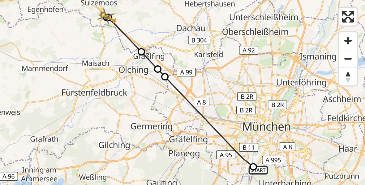 Flugroute Rettungshubschrauber ADAC Air Rescue Center Hubschrauberlandeplatz (Christoph 1) - Bergkirchen, 23 April 2026, 12:53