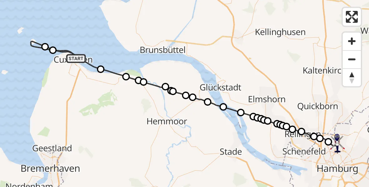 Flugroute Polizeihubschrauber Cuxhaven - Hamburg Helmut Schmidt Flughafen, 23 April 2026, 12:53