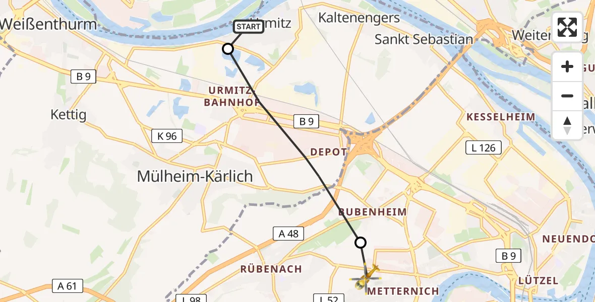 Flugroute Rettungshubschrauber Urmitz - Koblenz, 23 April 2026, 12:56