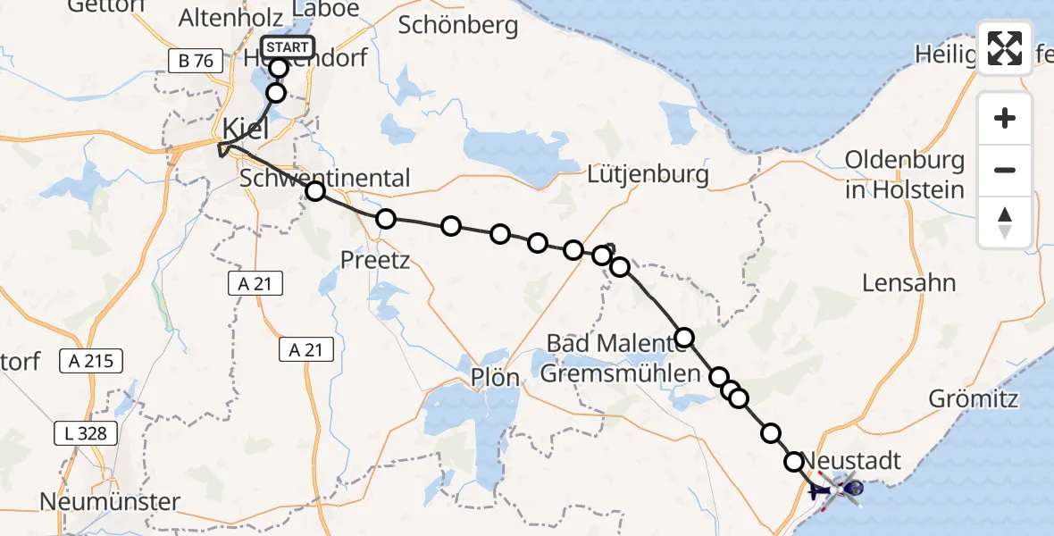 Flugroute Polizeihubschrauber Kiel - Neustadt in Holstein, 23 April 2026, 12:57