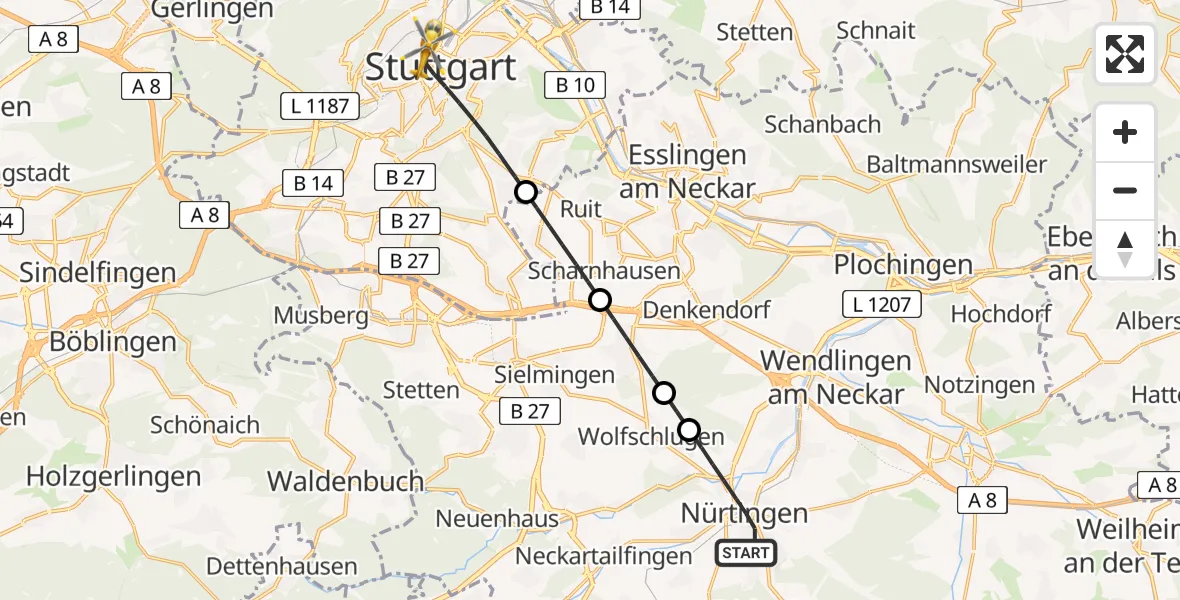 Flugroute Rettungshubschrauber Nürtingen - Stuttgart, 23 April 2026, 12:57