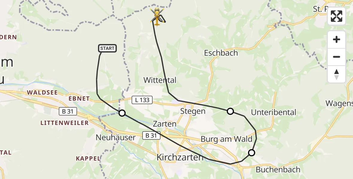Flugroute Ambulanzhubschrauber Freiburg im Breisgau - Stegen, 23 April 2026, 13:03