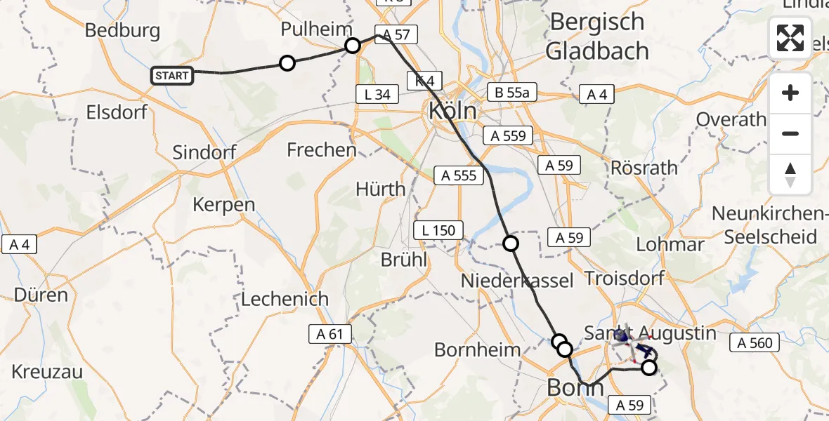 Flugroute Polizeihubschrauber Bergheim - Sankt Augustin, 23 April 2026, 13:16