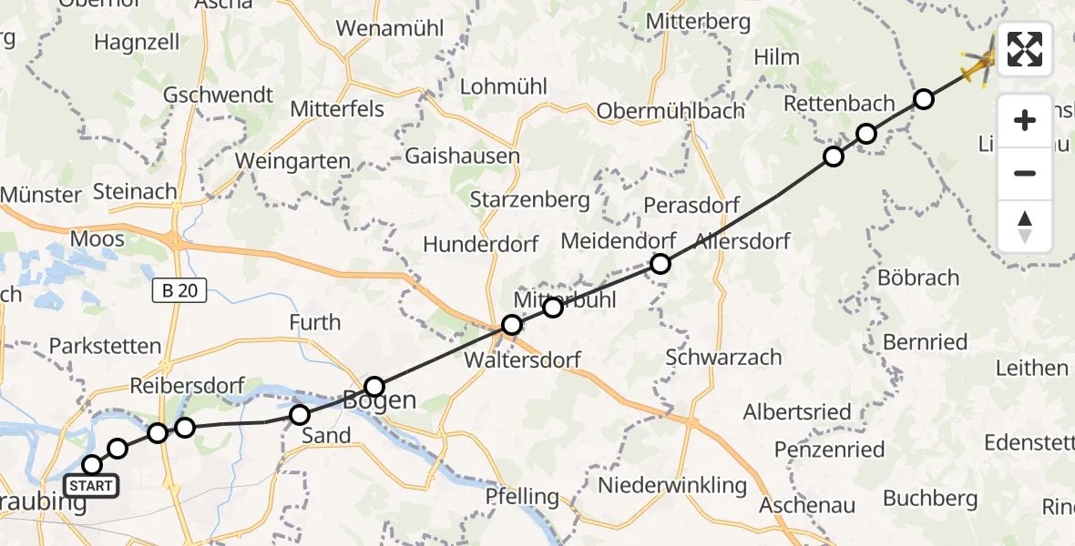 Flugroute Rettungshubschrauber Sankt Elisabeth Hospital Straubing - Achslach, 23 April 2026, 13:20