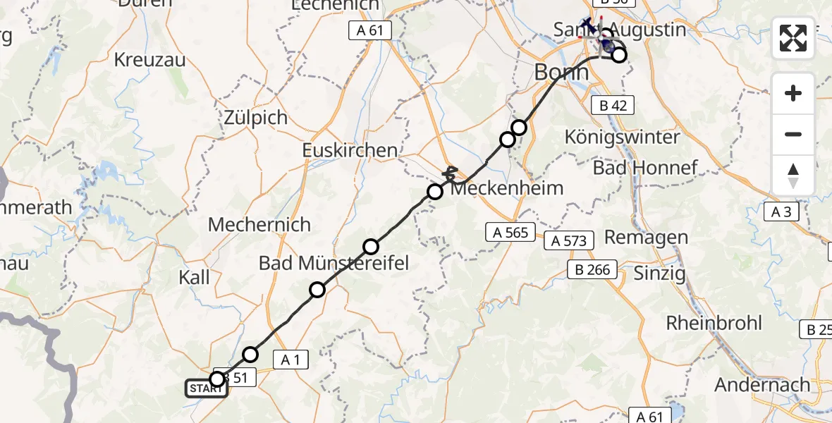 Flugroute Polizeihubschrauber Dahlem - Bonn-Hangelar Flugplatz, 23 April 2026, 13:29