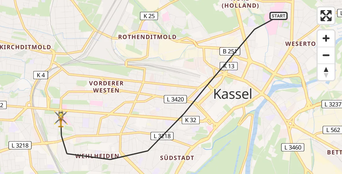 Flugroute Rettungshubschrauber Kassel - Kassel, 23 April 2026, 13:30