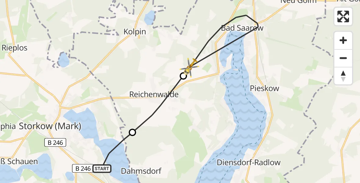 Flugroute Rettungshubschrauber Storkow (Mark) - Bad Saarow, 23 April 2026, 13:31