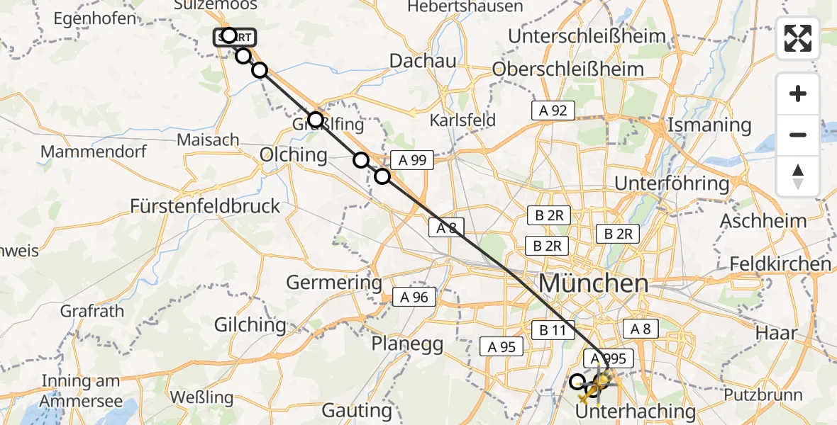 Flugroute Rettungshubschrauber Bergkirchen - Perlacher Forst, 23 April 2026, 13:35