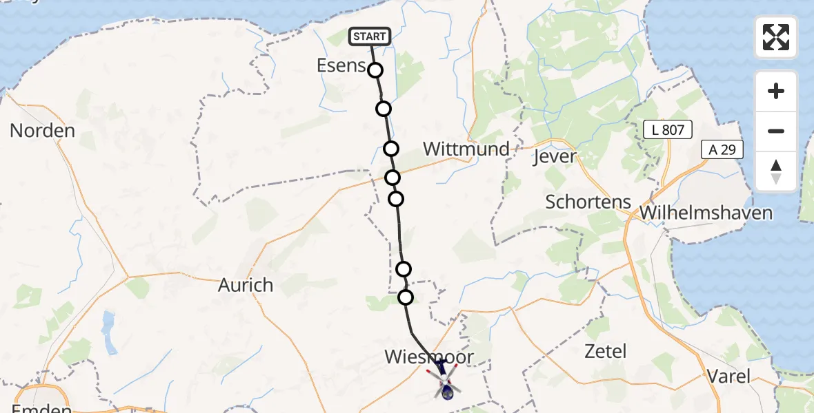 Flugroute Polizeihubschrauber Neuharlingersiel - Wiesmoor, 23 April 2026, 13:38