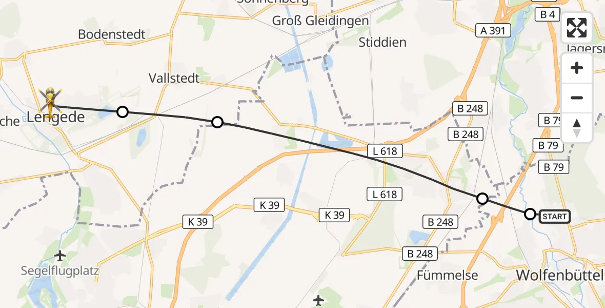 Flugroute Rettungshubschrauber Wolfenbüttel Municipal Hospital Heliport (Christoph 30) - Lengede, 23 April 2026, 13:38