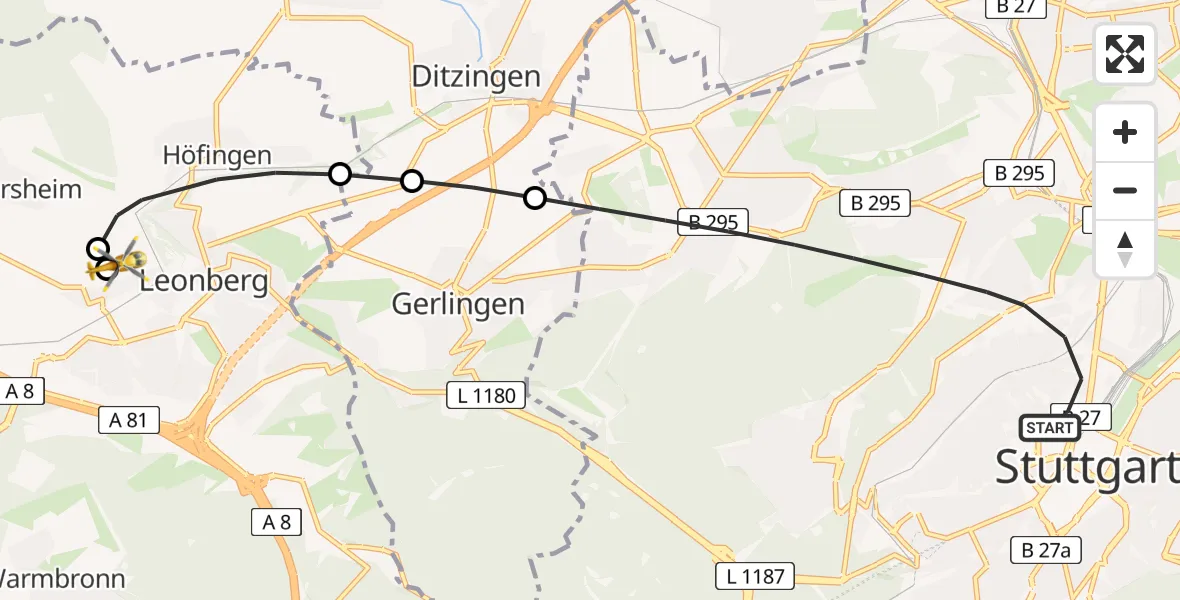 Flugroute Rettungshubschrauber Stuttgart - Leonberg Hospital, 23 April 2026, 13:41