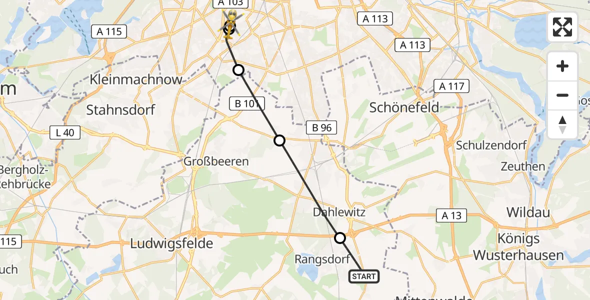 Flugroute Rettungshubschrauber Rangsdorf - Charité Clinic Benjamin Franklin Campus, 23 April 2026, 13:42
