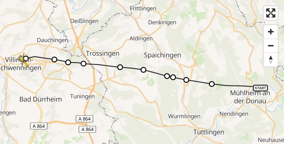 Flugroute Rettungshubschrauber Mühlheim an der Donau - DRF Air Rescue Station Villingen-Schwenningen Hubschrauberlandeplatz (Christoph 11), 23 April 2026, 13:44