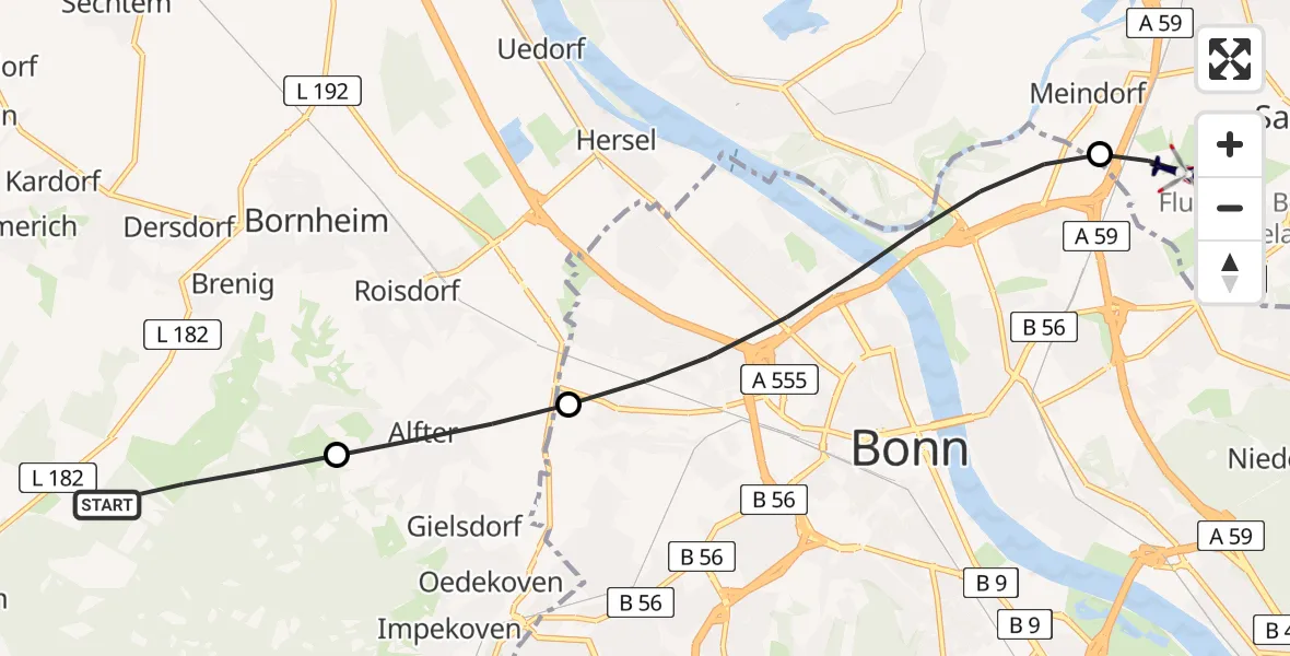 Flugroute Polizeihubschrauber Bornheim - Sankt Augustin, 23 April 2026, 13:59