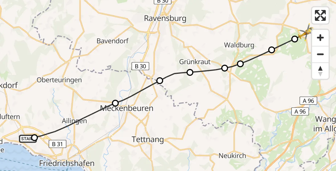 Flugroute Rettungshubschrauber Friedrichshafen Hospital - Wangen im Allgäu, 23 April 2026, 14:01