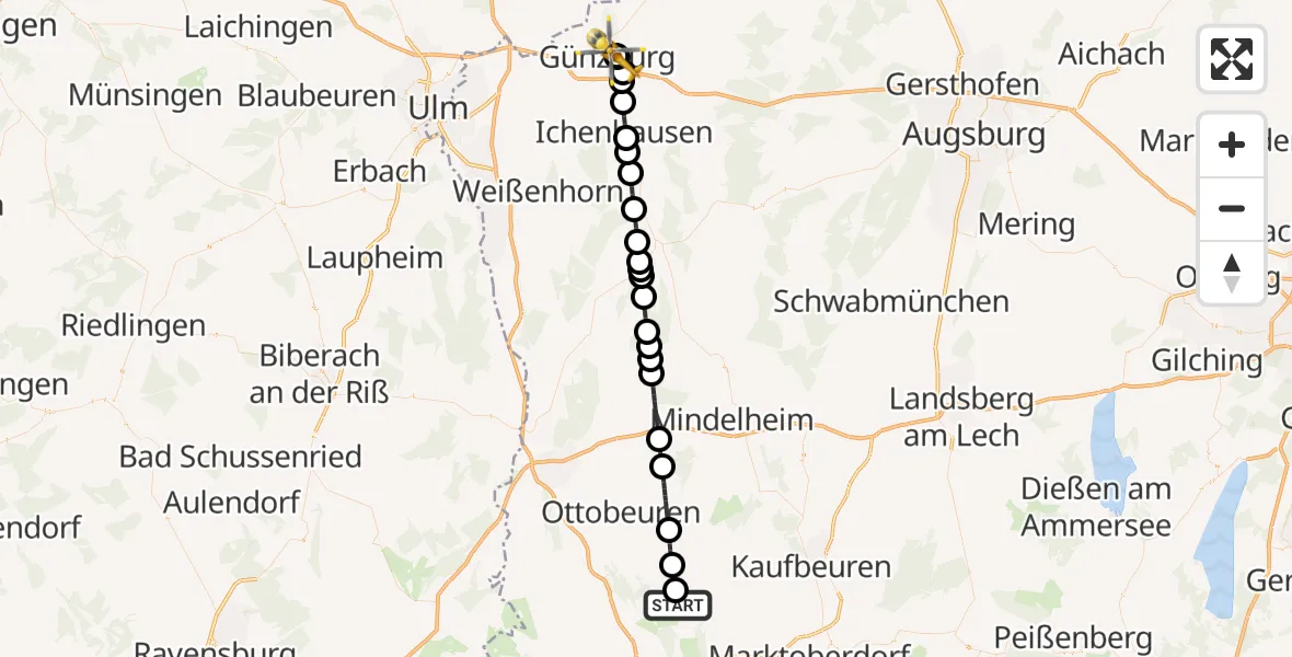 Flugroute Rettungshubschrauber Untrasried - Günzburg Hospital, 23 April 2026, 14:04