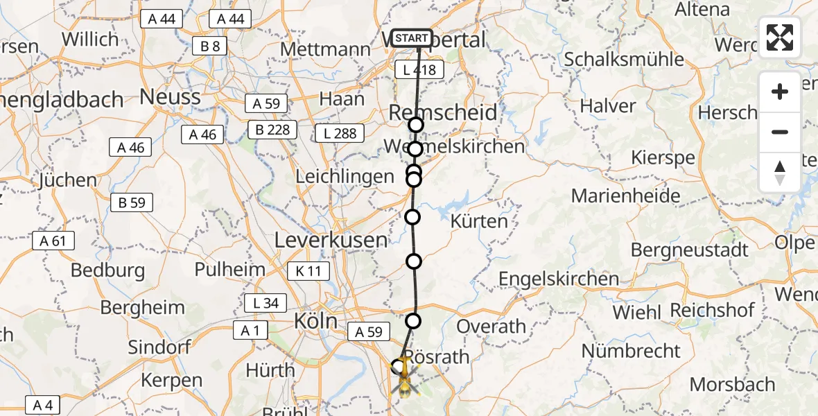 Flugroute Ambulanzhubschrauber Wuppertal - Köln Bonn Flughafen, 23 April 2026, 14:09