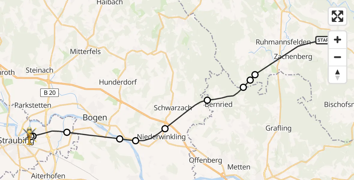 Flugroute Rettungshubschrauber Zachenberg - Sankt Elisabeth Hospital Straubing, 23 April 2026, 14:20