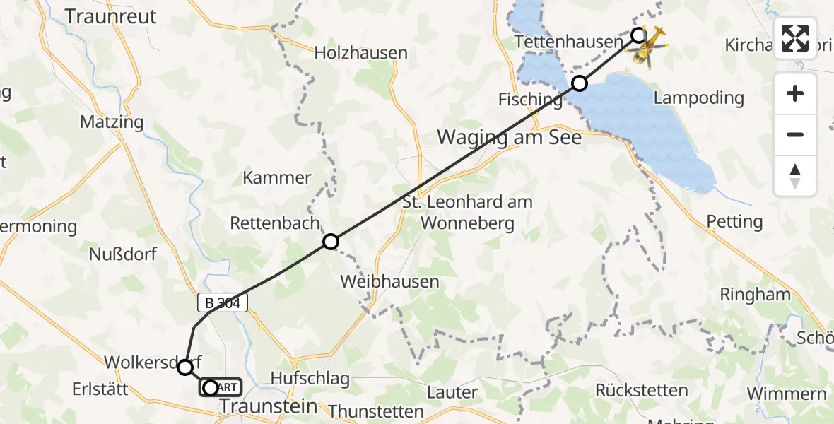 Flugroute Rettungshubschrauber Traunstein Hospital - Kirchanschöring, 23 April 2026, 14:24